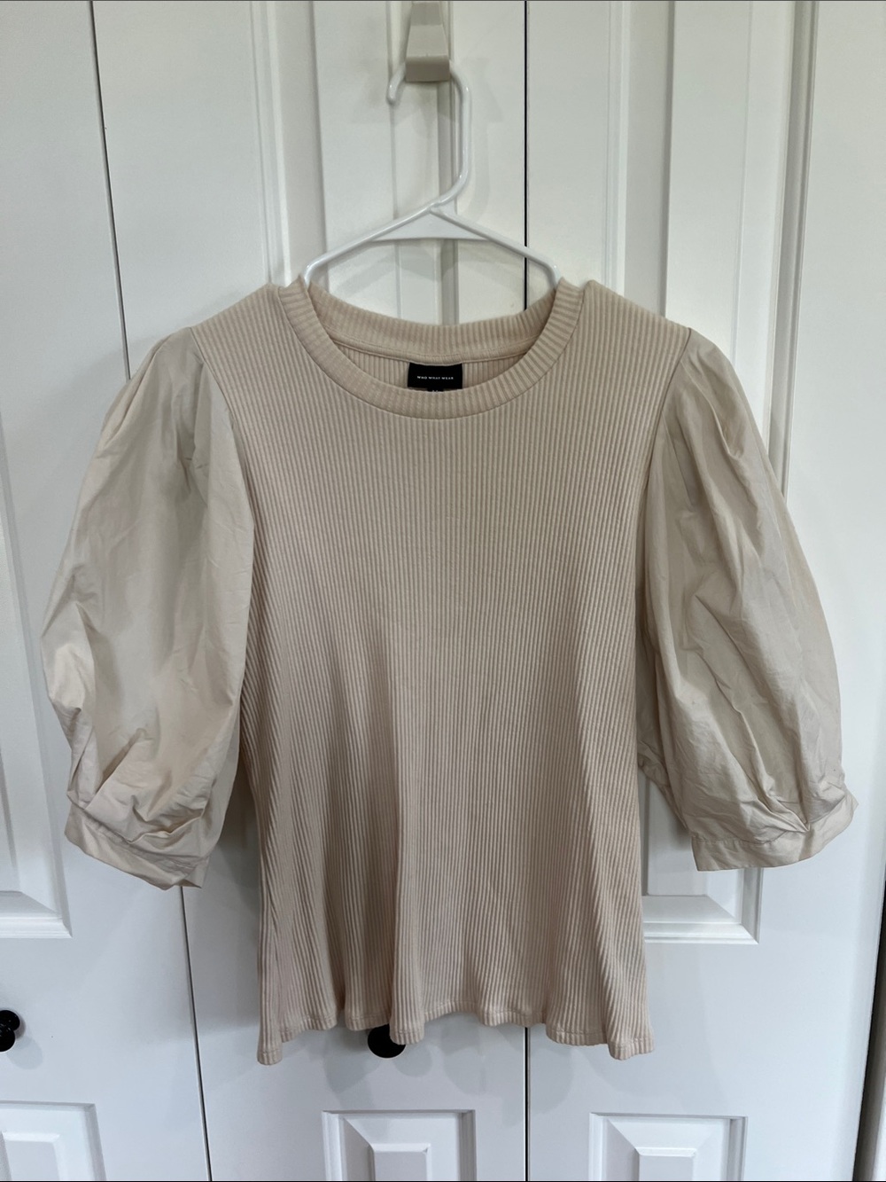 Who What Wear Cream Ribbed Tee with Puff Sleeves